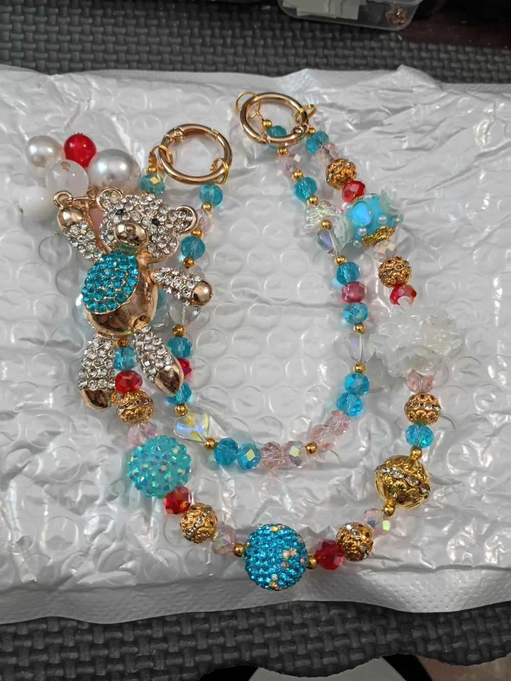 Crystal Teddy Bear Turquoise Beaded Statement Keychain - Women Jewelry